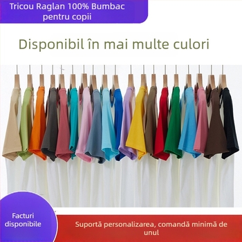 Tricou din bumbac pentru copii, cu mâneci raglan, guler rotund, logo imprimat