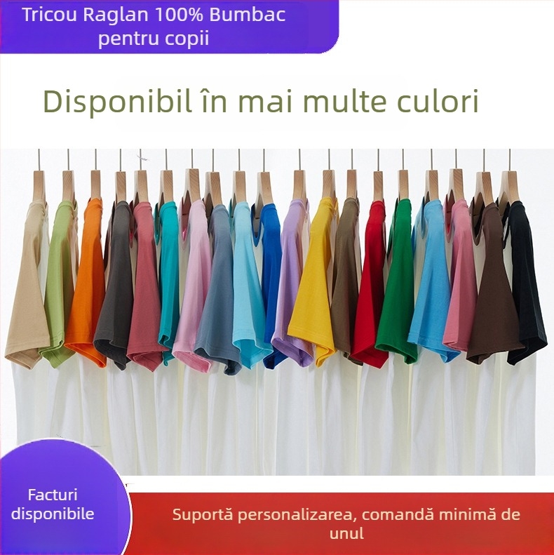 Tricou din bumbac pentru copii, cu mâneci raglan, guler rotund, logo imprimat