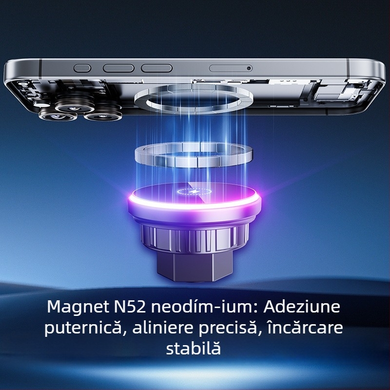 Suport magnetic pentru telefon auto cu încărcare wireless de 15W, fixare pe grila de ventilație (snap-on)