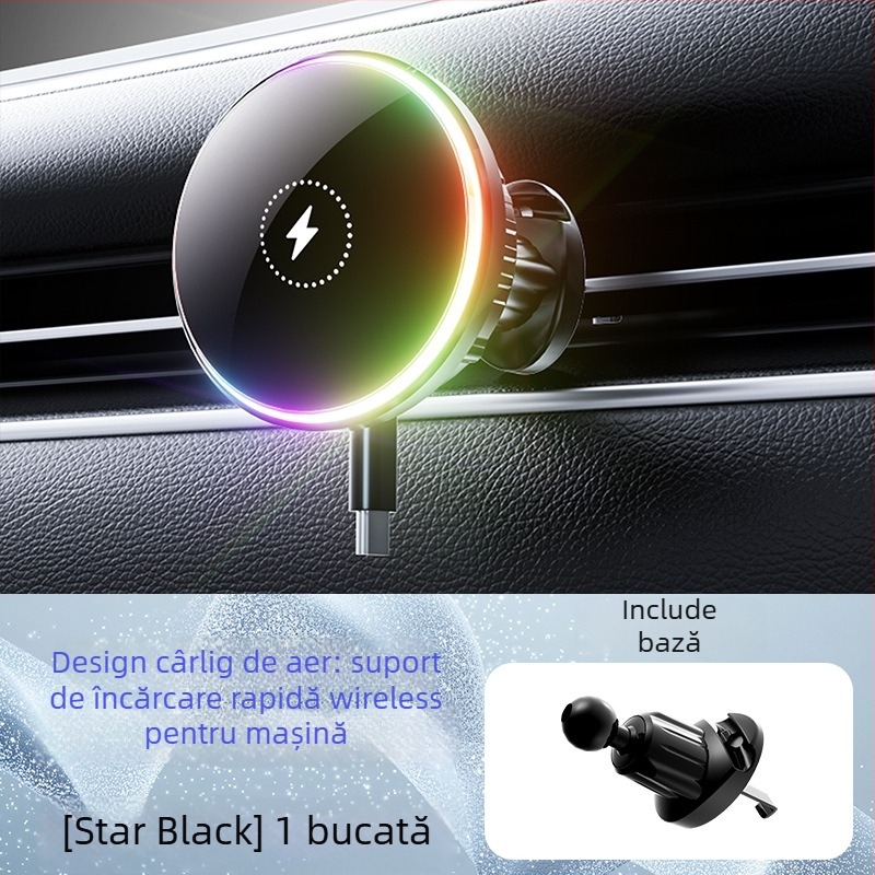 Suport magnetic pentru telefon auto cu încărcare wireless de 15W, fixare pe grila de ventilație (snap-on)