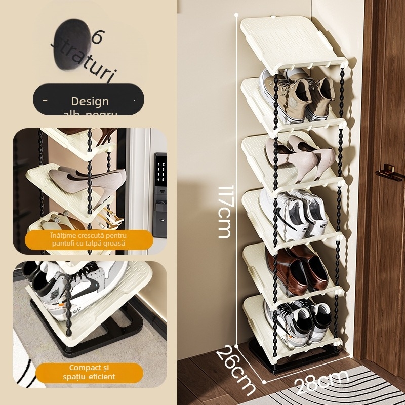 Raft pentru pantofi înclinat, 6 niveluri, material PP, stil modern minimalist, montaj pe podea, potrivit pentru adidași, cizme și tocuri înalte