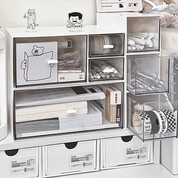 Cutie de depozitare pentru birou, cu sertar, din plastic, poate fi stivuită, capacitate de 1 L, pentru rechizite și cosmetice