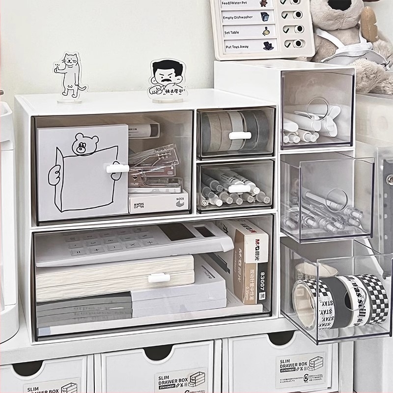 Cutie de depozitare pentru birou, cu sertar, din plastic, poate fi stivuită, capacitate de 1 L, pentru rechizite și cosmetice