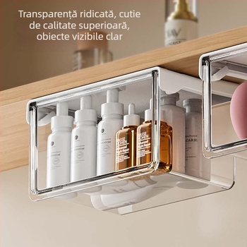 Organizator de sertar sub oglindă, PET transparent pentru cosmetice, discuri demachiante și bețișoare pentru buze, capacitate 1 L