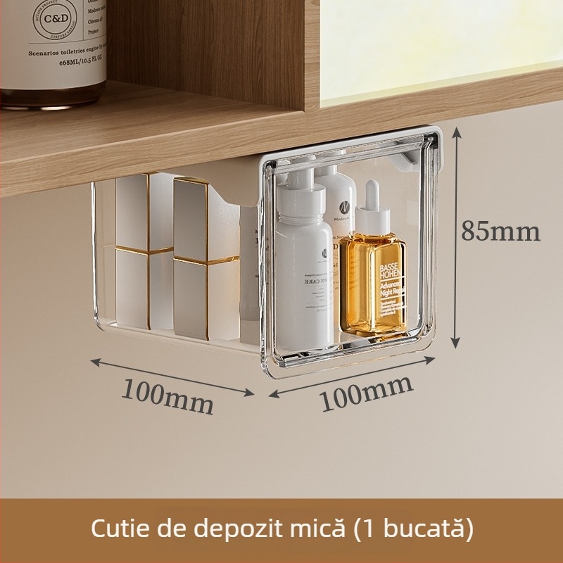 Organizator de sertar sub oglindă, PET transparent pentru cosmetice, discuri demachiante și bețișoare pentru buze, capacitate 1 L