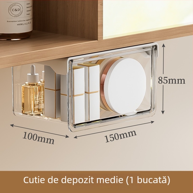Organizator de sertar sub oglindă, PET transparent pentru cosmetice, discuri demachiante și bețișoare pentru buze, capacitate 1 L