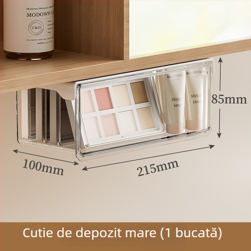 Organizator de sertar sub oglindă, PET transparent pentru cosmetice, discuri demachiante și bețișoare pentru buze, capacitate 1 L