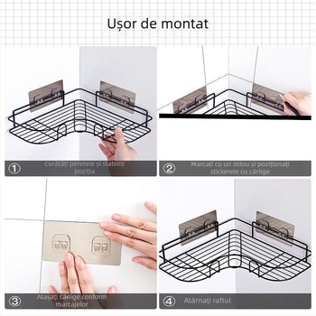 Raft de colț montat pe perete din oțel cu carbon, montaj fără găuri, 1 nivel, stil modern simplu; pliabil și portabil; potrivit pentru bucătărie, birou, dormitor, baie, sufragerie.