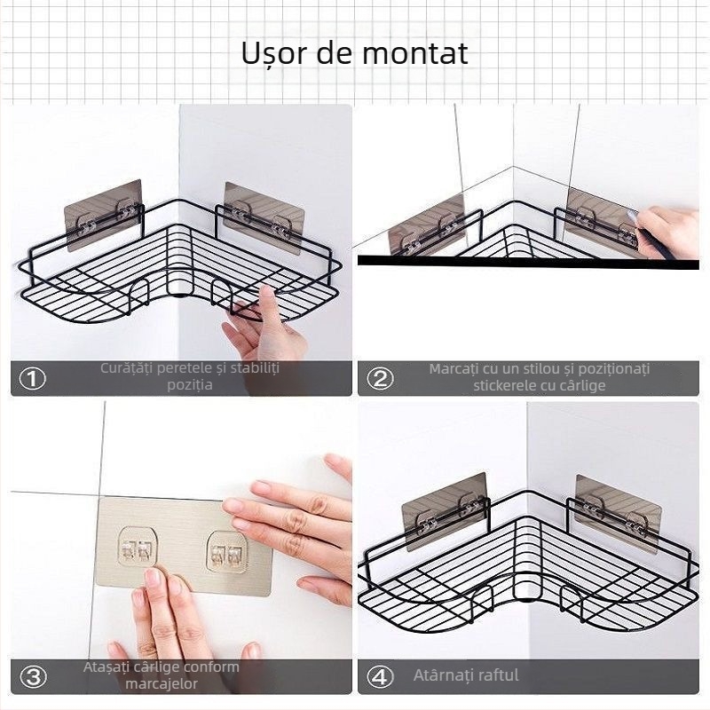 Raft de colț montat pe perete din oțel cu carbon, montaj fără găuri, 1 nivel, stil modern simplu; pliabil și portabil; potrivit pentru bucătărie, birou, dormitor, baie, sufragerie.