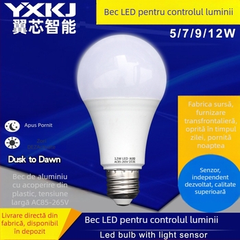 Lampa LED cu senzor de lumină, bază E27, 85–265V, 600 lm, unghiul fasciculului 270°