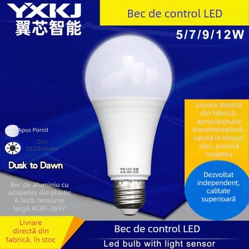 Lampa LED cu senzor de lumină, bază E27, 85–265V, 600 lm, unghiul fasciculului 270°