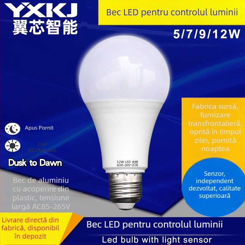 Lampa LED cu senzor de lumină, bază E27, 85–265V, 600 lm, unghiul fasciculului 270°