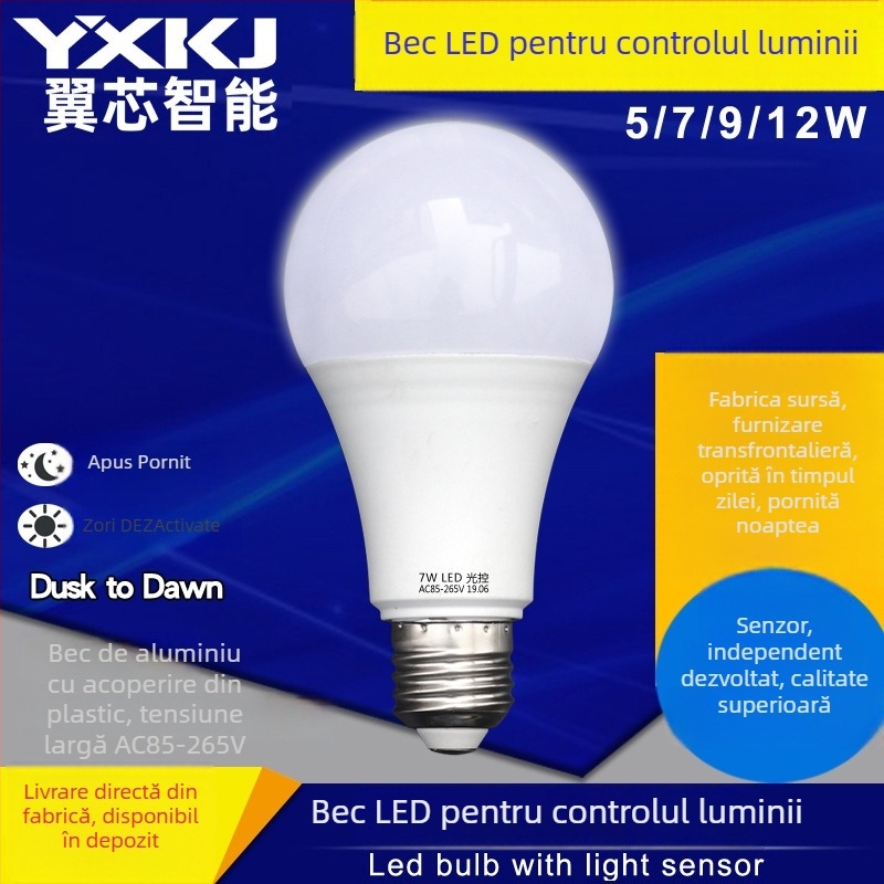 Lampa LED cu senzor de lumină, bază E27, 85–265V, 600 lm, unghiul fasciculului 270°