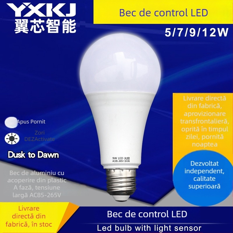 Lampa LED cu senzor de lumină, bază E27, 85–265V, 600 lm, unghiul fasciculului 270°