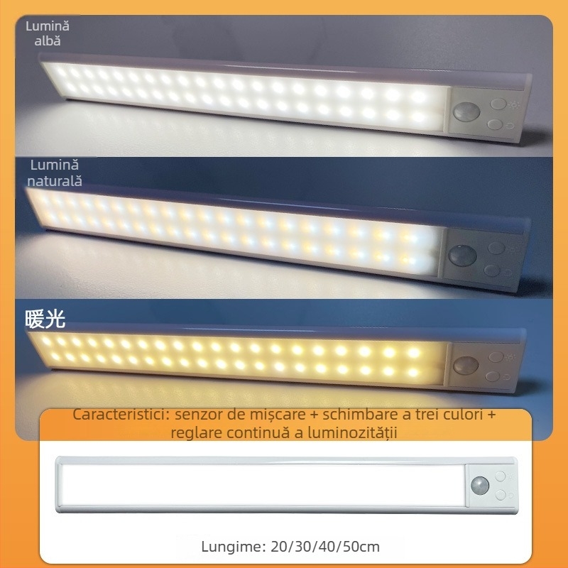 Lampă LED pentru dulap ultra-subțire cu senzor de mișcare – baterie încorporată, reîncărcabilă, 36V maxim, design 3D geometric