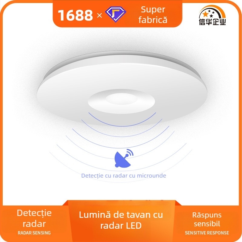 Lampa LED de plafon pentru hol cu senzor radar de corp, 220V, acoperire 10–15 m², corp din fier, abajur PC