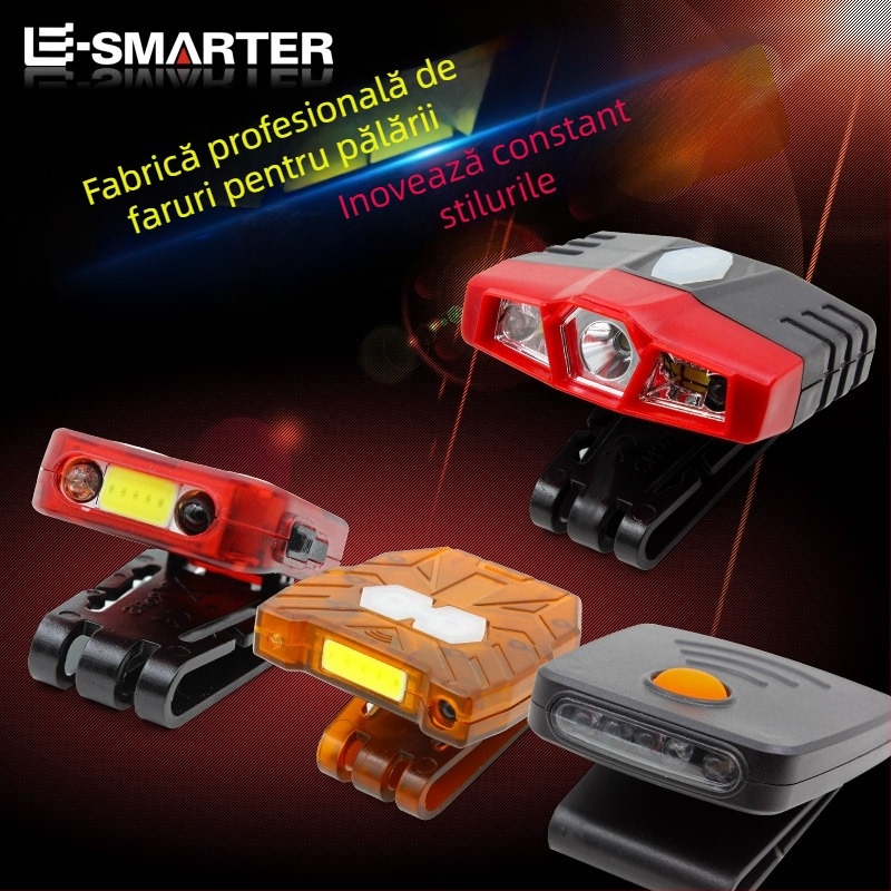 Lampă frontală cu clips pentru pălărie, senzor IR, USB reîncărcabil, LED 5W, baterie 8400mAh, rotație 360°