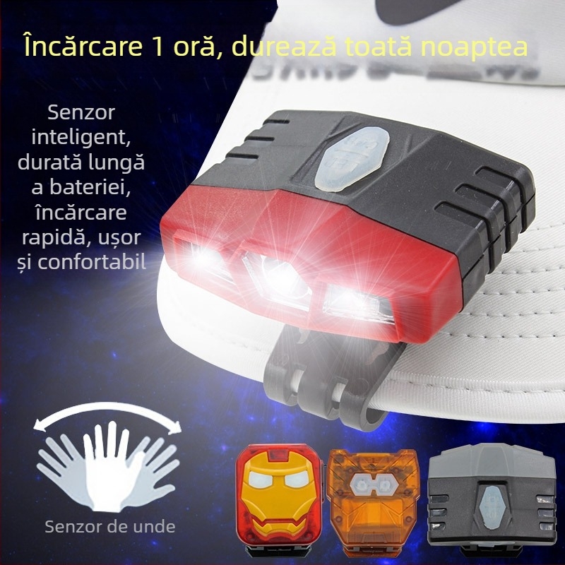 Lampă frontală cu clips pentru pălărie, senzor IR, USB reîncărcabil, LED 5W, baterie 8400mAh, rotație 360°