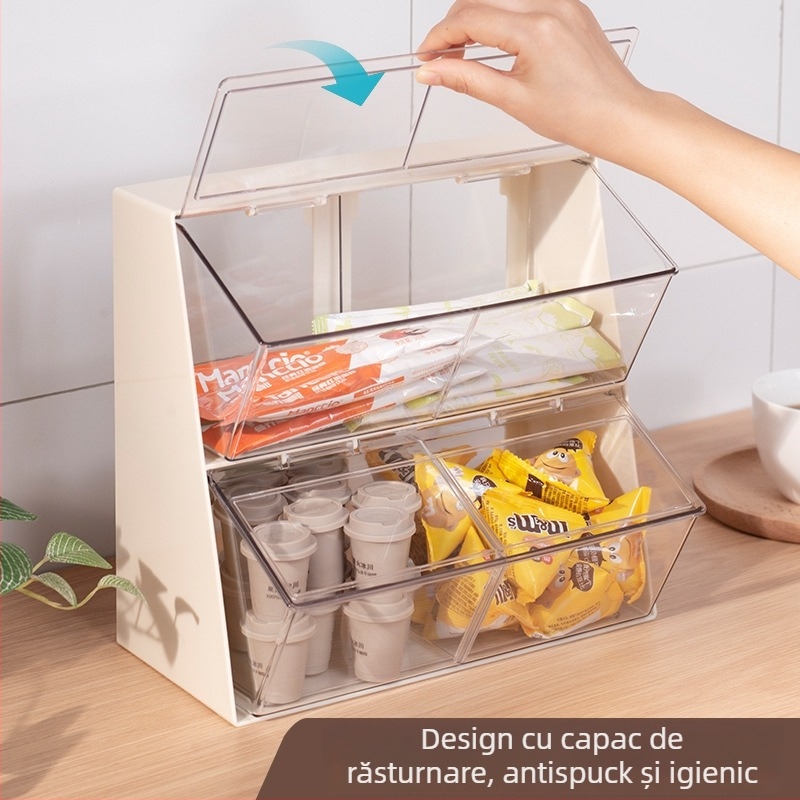 Cutie de depozitare pentru birou – ABS plastic, 12 L, capac anti-praf cu capac rabatabil, pentru pliculete de ceai, capsule de cafea și gustări