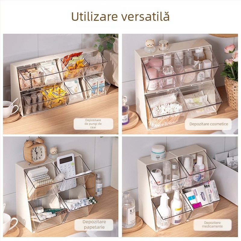 Cutie de depozitare pentru birou – ABS plastic, 12 L, capac anti-praf cu capac rabatabil, pentru pliculete de ceai, capsule de cafea și gustări