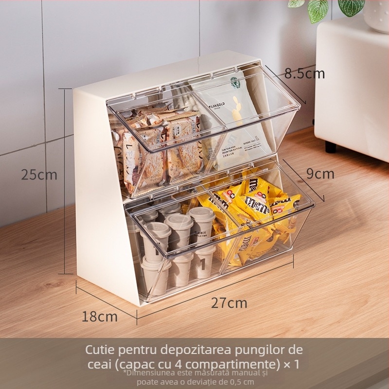 Cutie de depozitare pentru birou – ABS plastic, 12 L, capac anti-praf cu capac rabatabil, pentru pliculete de ceai, capsule de cafea și gustări