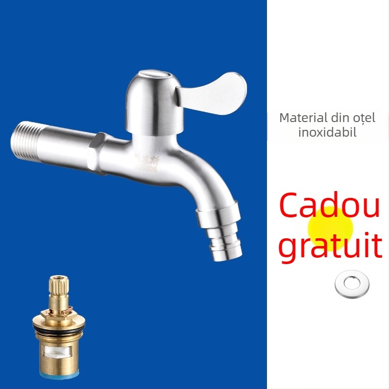 Robinet de perete pentru mașina de spălat și chiuvetă, oțel inox 304, model V5004, montaj pe perete, o singură manetă, presiune nominală 0.8–1.2 MPa