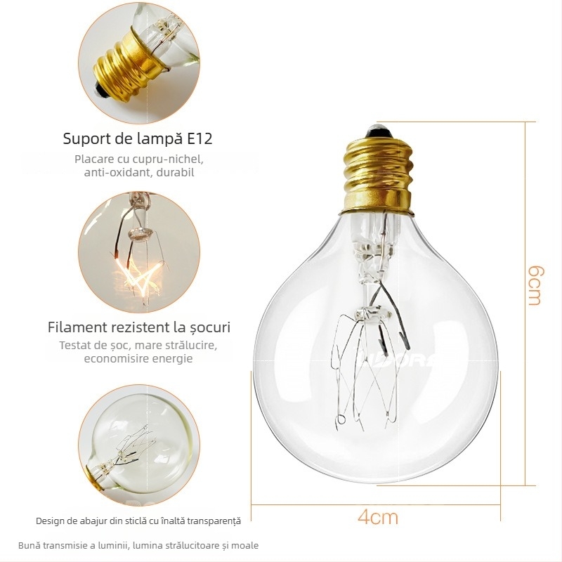 G40 șir de lumini pentru exterior – sticlă, alimentare prin priză, model G40-01, 110–240V, 7W bec wolfram sau 0.6W LED