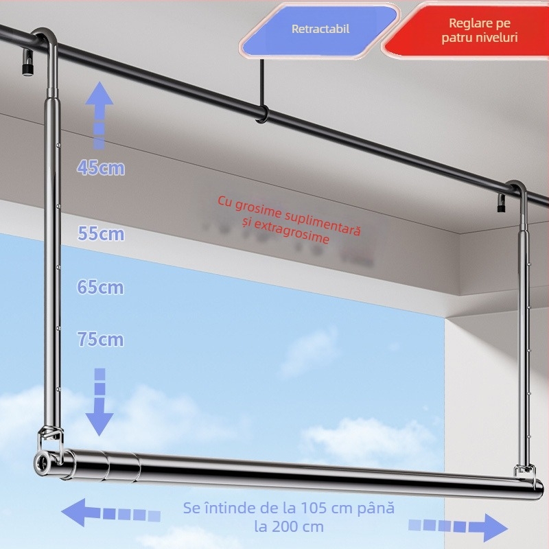 Pochile Uscător telescopic pentru balcon, din oțel inoxidabil, fără găuri, pliabil, pentru pilote și lenjerie de pat