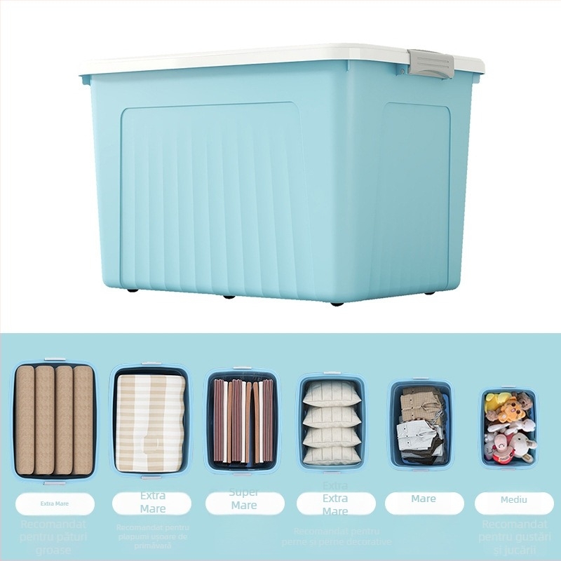 Cutie de depozitare din plastic, modelul 8929, polipropilenă, capacitate 40–50 L, închidere cu clapă, portabilă cu roți.