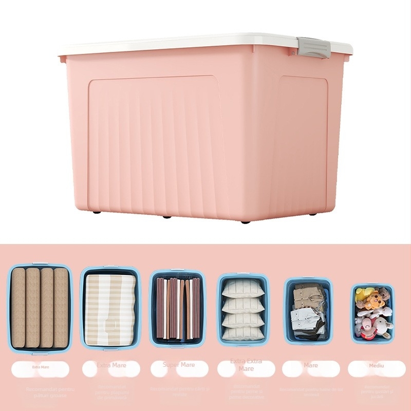 Cutie de depozitare din plastic, modelul 8929, polipropilenă, capacitate 40–50 L, închidere cu clapă, portabilă cu roți.