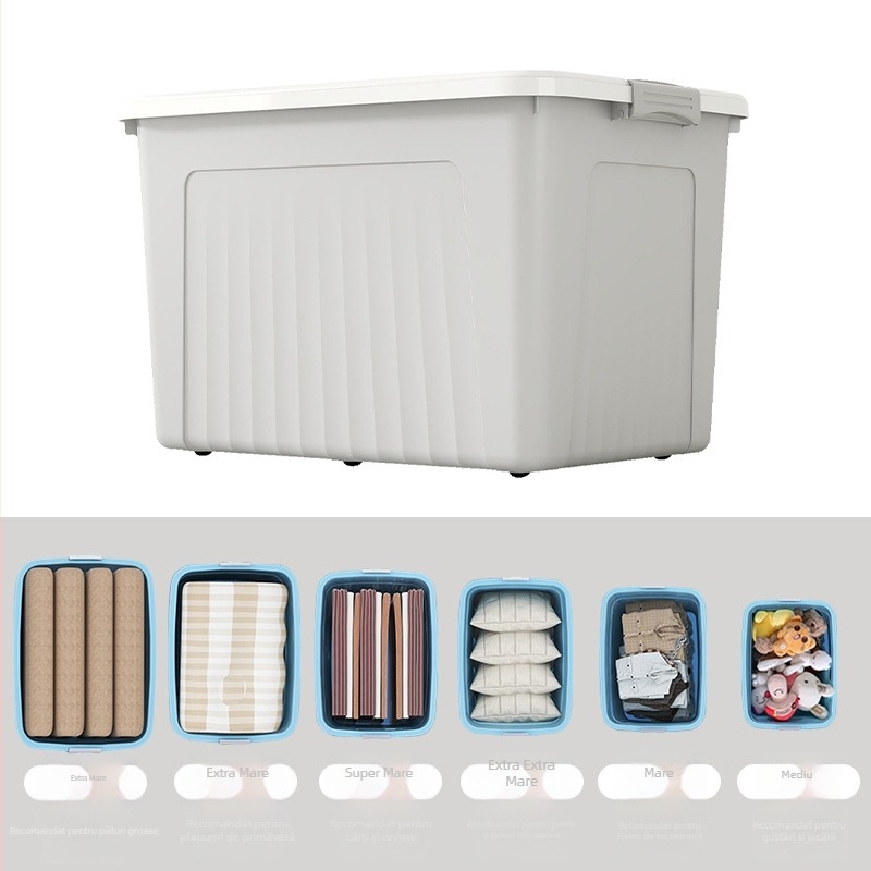 Cutie de depozitare din plastic, modelul 8929, polipropilenă, capacitate 40–50 L, închidere cu clapă, portabilă cu roți.