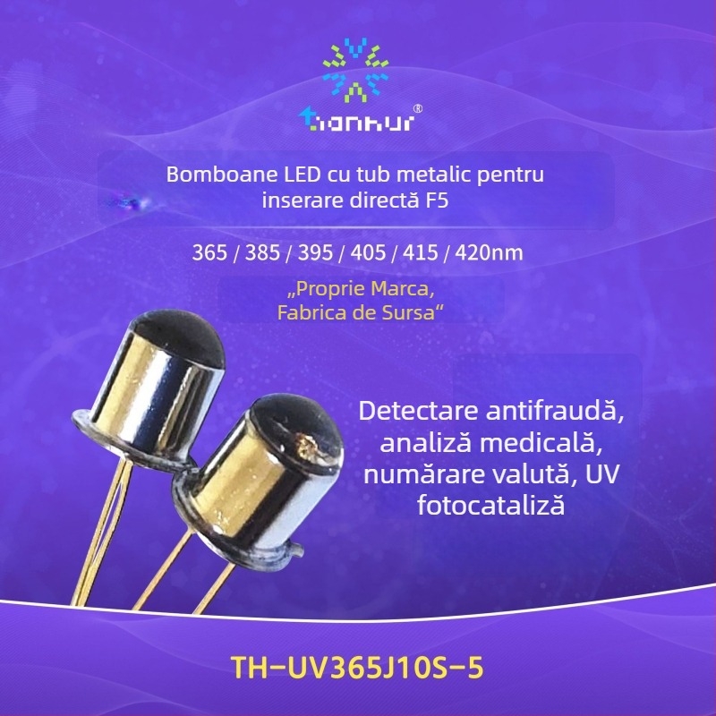 Lampă UV LED cu țeavă metal inline, 365 nm, LED ultraviolet pentru detecție biochimică, 20 mA, 3.2–4.0 V, 0.08–0.1 W, fascicul de 10°