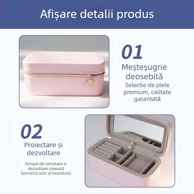 Casetă de bijuterii din piele PU, cu două niveluri – portabilă, organizator personalizabil pentru inele și coliere