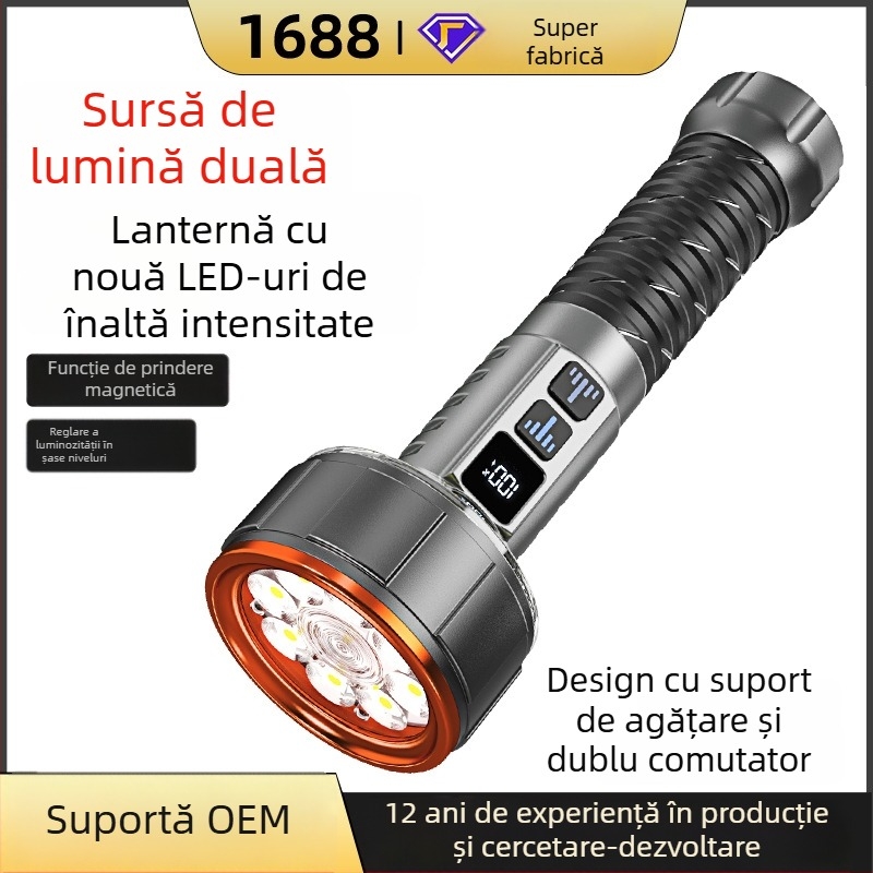 Lanternă de camping cu LED COB, nouă moduri de iluminare, alimentare manuală, încărcare rapidă, peste 350 lm