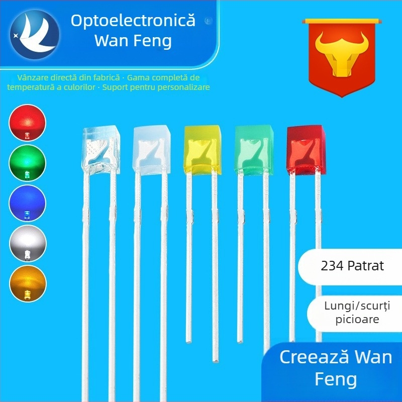 Buline LED indicator pătrate – cip Sanan, 1.8–3.4 V, 20 mA, 0.06 W, flux luminos 3.5–4.3 lm