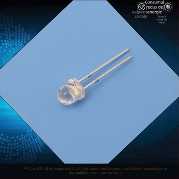 Perle LED 5 mm, model F5, montare dreaptă, 2.8–3.2 V, 20 mA, 0.2 W, fascicul 60°, flux luminos 7–8 lm