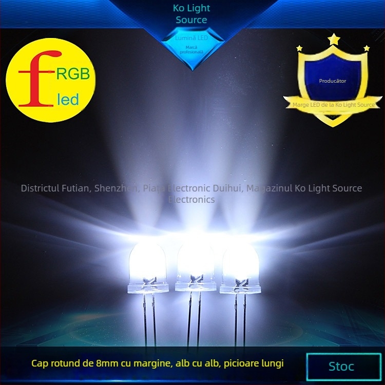 LED cu cap rotund, margine transparentă, picioare lungi, conectare directă; curent 20 mA, tensiune 3.0–3.4 V, putere 0.06 W, CRI 70–80, unghi fascicul 30°