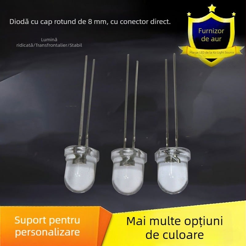 LED cu cap rotund, margine transparentă, picioare lungi, conectare directă; curent 20 mA, tensiune 3.0–3.4 V, putere 0.06 W, CRI 70–80, unghi fascicul 30°