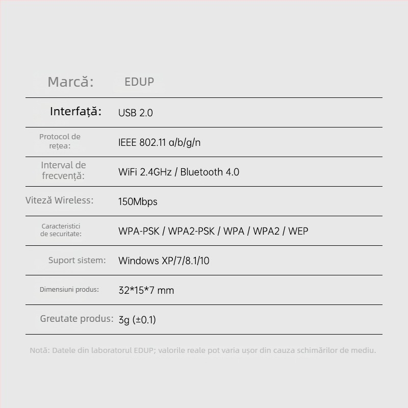 EDUP EP-N8568 Card USB Wireless de rețea cu Bluetooth - 2.4 GHz, 150 Mbps, IEEE 802.11b/g/n