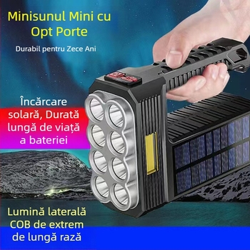 Lanternă USB solară, reîncărcabilă, cu lumină ultra-puternică, corp ABS (20W, 4800 mAh, energie solară, sursă de lumină Bulb+COB, rază 200–500 m)