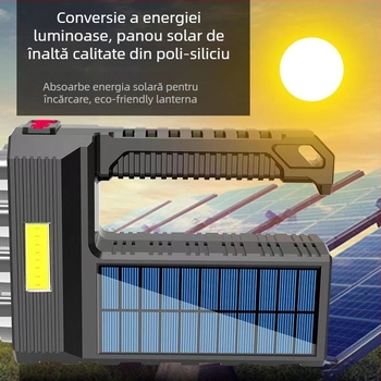 Lanternă USB solară, reîncărcabilă, cu lumină ultra-puternică, corp ABS (20W, 4800 mAh, energie solară, sursă de lumină Bulb+COB, rază 200–500 m)