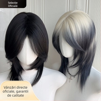 Perucă mullet cu coadă de lup, unisex, acoperire completă a capului, păr sintetic rezistent la temperatură, breton lung