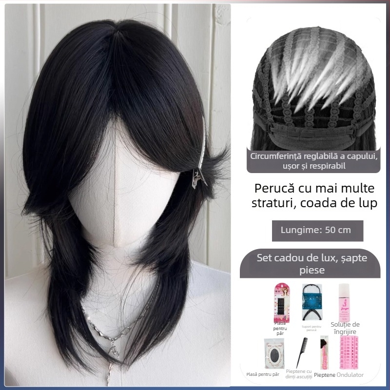 Perucă mullet cu coadă de lup, unisex, acoperire completă a capului, păr sintetic rezistent la temperatură, breton lung