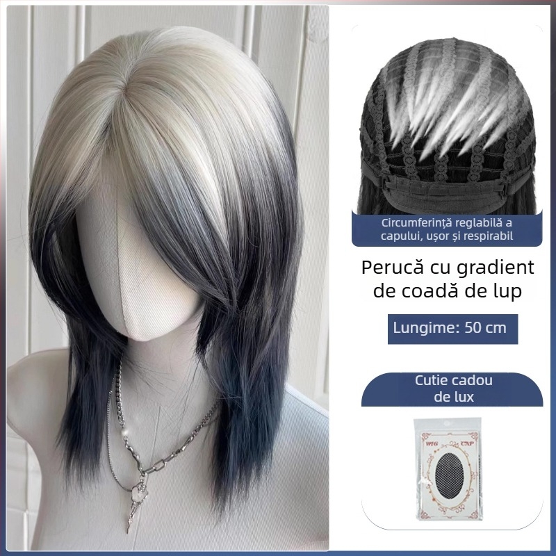 Perucă mullet cu coadă de lup, unisex, acoperire completă a capului, păr sintetic rezistent la temperatură, breton lung