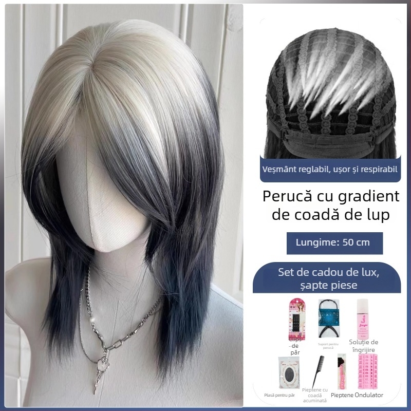 Perucă mullet cu coadă de lup, unisex, acoperire completă a capului, păr sintetic rezistent la temperatură, breton lung