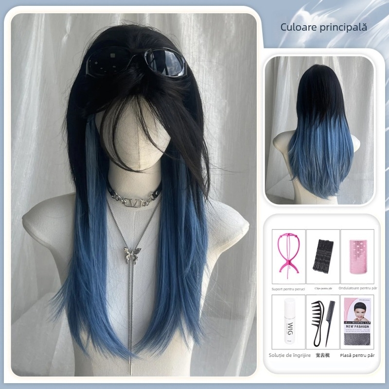 Perucă mullet cu coadă de lup, unisex, acoperire completă a capului, păr sintetic rezistent la temperatură, breton lung