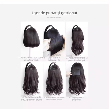 Perucă cu trei secțiuni micro-rol, capac invizibil, bucle lungi, volum, lungime 50–60 cm, fibră sintetică rezistentă la căldură, nu se poate vopsi