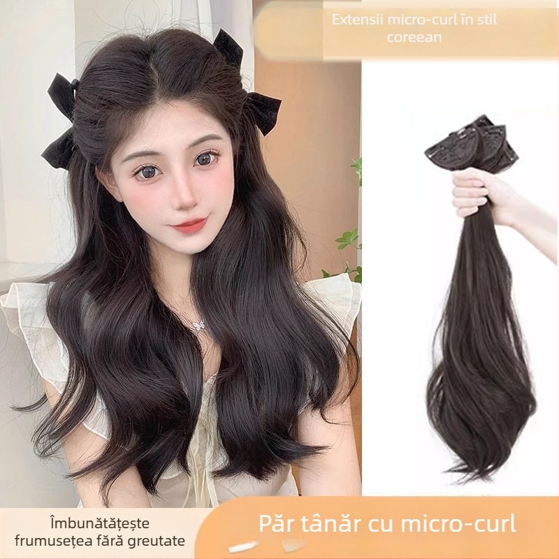 Perucă cu trei secțiuni micro-rol, capac invizibil, bucle lungi, volum, lungime 50–60 cm, fibră sintetică rezistentă la căldură, nu se poate vopsi