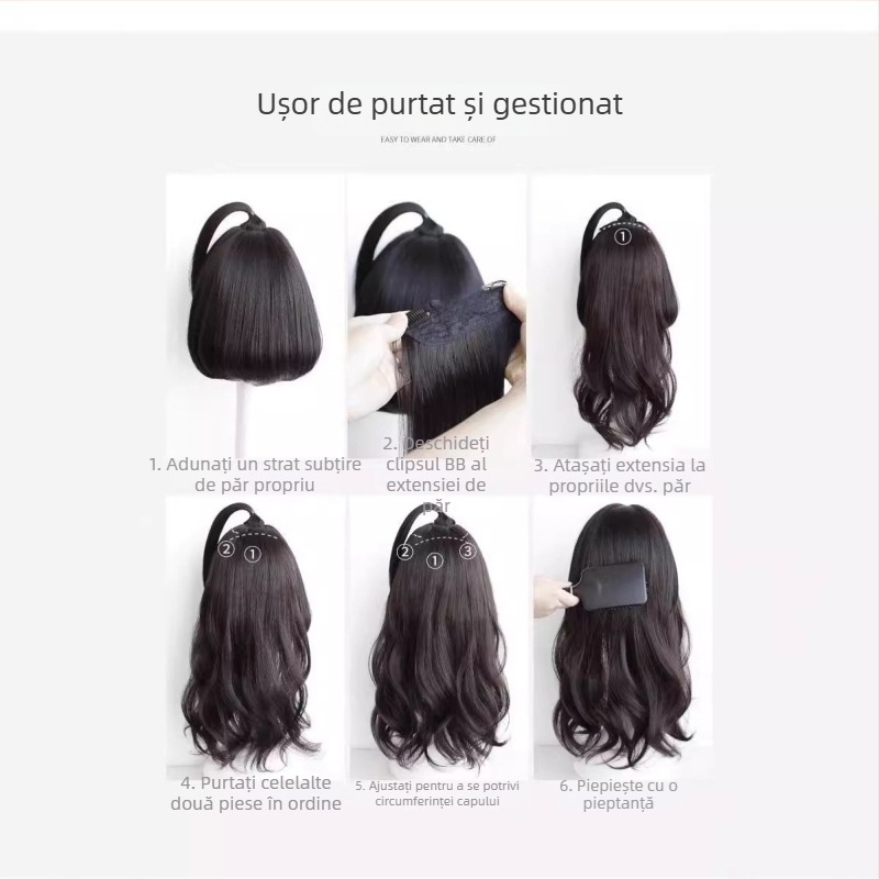 Perucă cu trei secțiuni micro-rol, capac invizibil, bucle lungi, volum, lungime 50–60 cm, fibră sintetică rezistentă la căldură, nu se poate vopsi