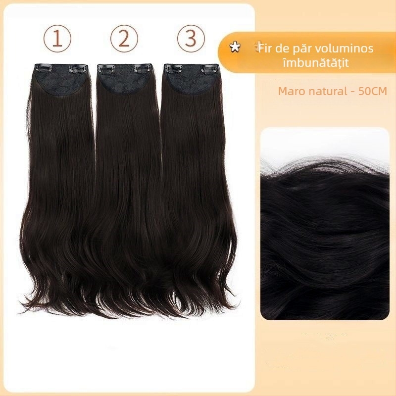 Perucă cu trei secțiuni micro-rol, capac invizibil, bucle lungi, volum, lungime 50–60 cm, fibră sintetică rezistentă la căldură, nu se poate vopsi